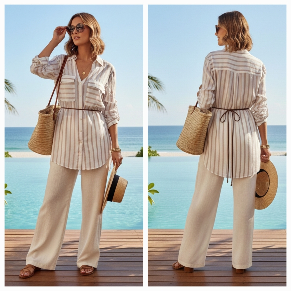 NWT Dynamite M Resortwear Coastal Lagenlook Striped Semi Sheer Button Down Tunic